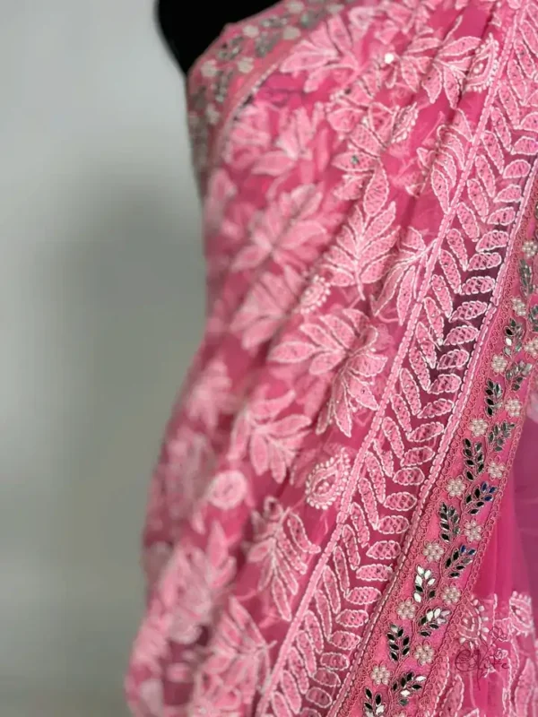 Hot Pink Georgette Chikankari Saree
