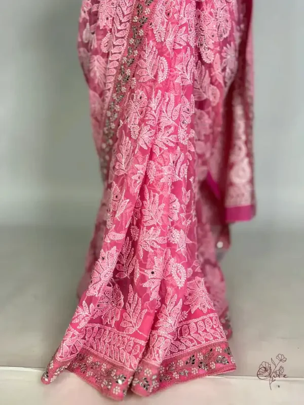 Hot Pink Georgette Chikankari Saree