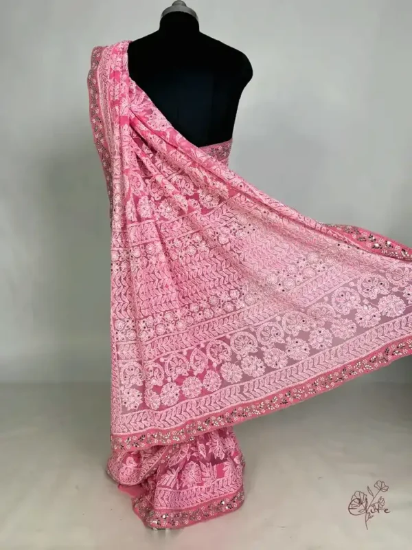 Hot Pink Georgette Chikankari Saree