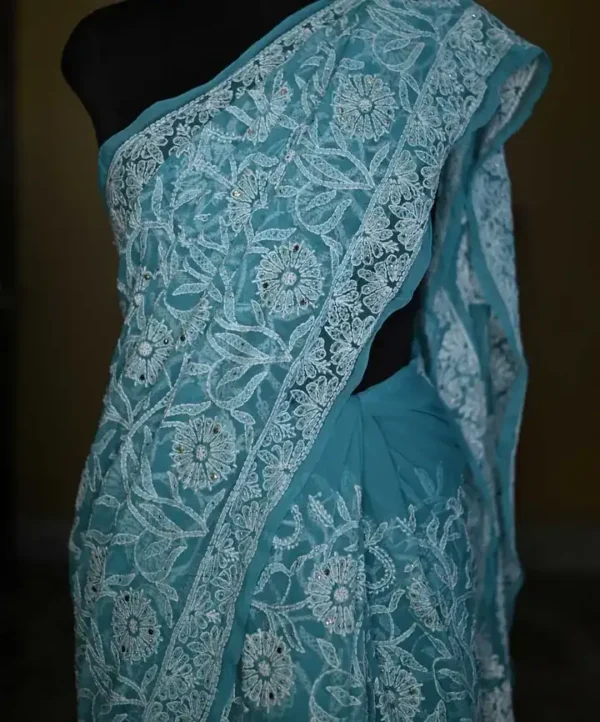 Sea Green Georgette Chikankari Saree