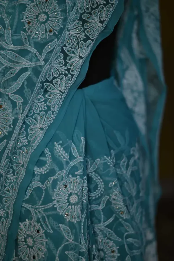 Sea Green Georgette Chikankari Saree