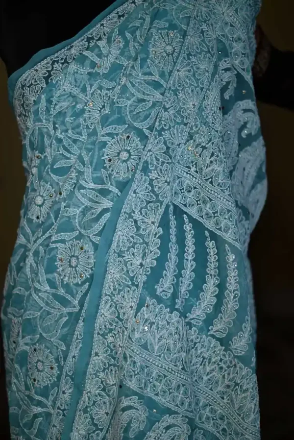 Sea Green Georgette Chikankari Saree