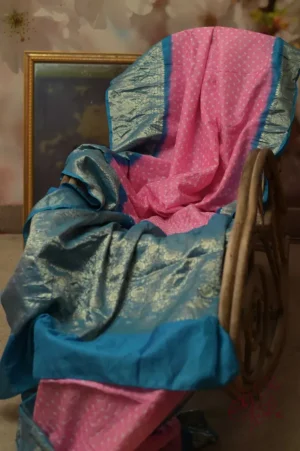 Khaddi Chiffon Handloom buta Benarasi bandej pink sky Saree