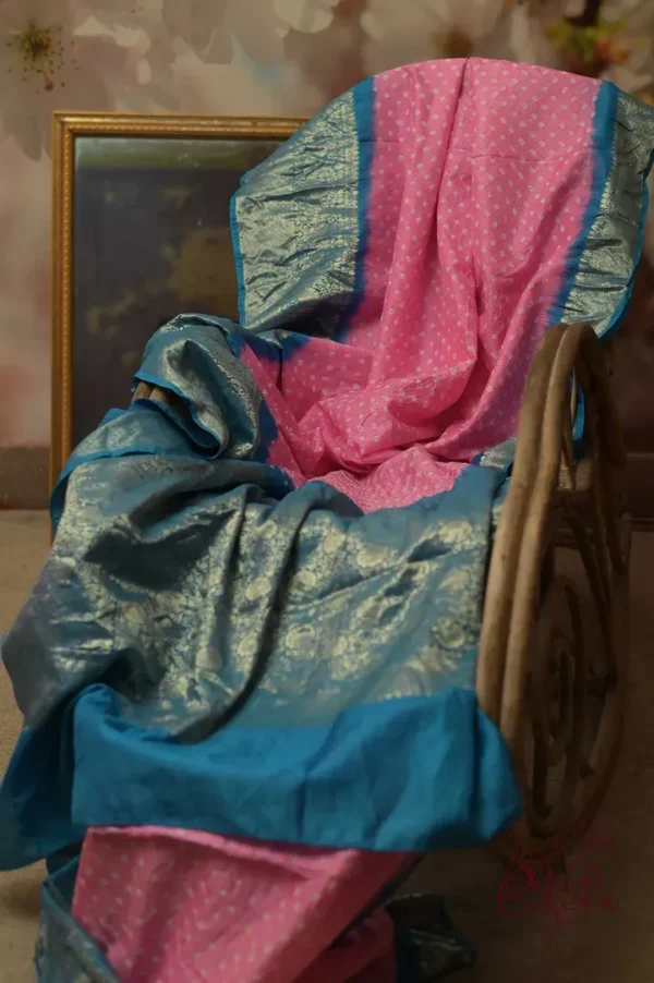 Khaddi Chiffon Handloom buta Benarasi bandej pink sky Saree