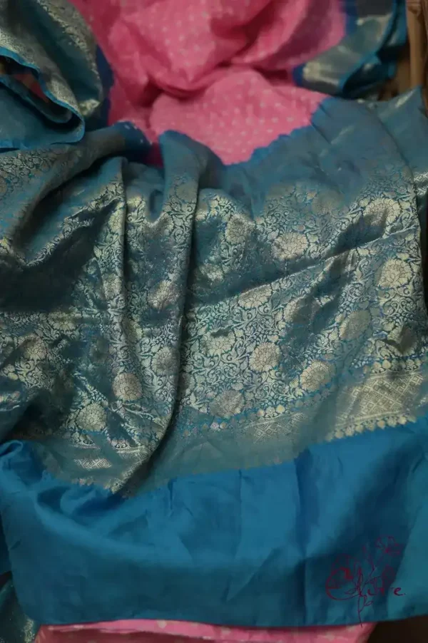 Khaddi Chiffon Handloom buta Benarasi bandej pink sky Saree