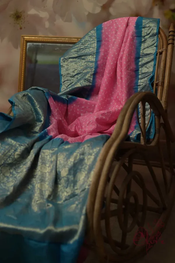 Khaddi Chiffon Handloom buta Benarasi bandej pink sky Saree