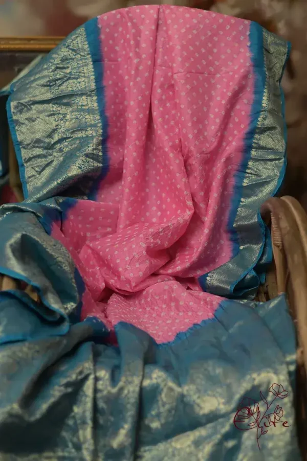 Khaddi Chiffon Handloom buta Benarasi bandej pink sky Saree