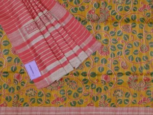 Yellow with Red Border Hand Block Printed on Gicha Tussar Silk Saree