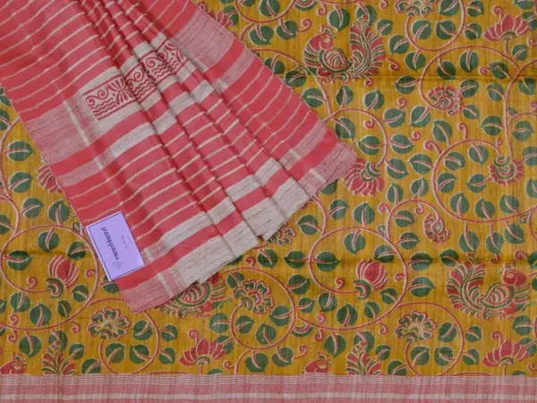 Yellow with Red Border Hand Block Printed on Gicha Tussar Silk Saree