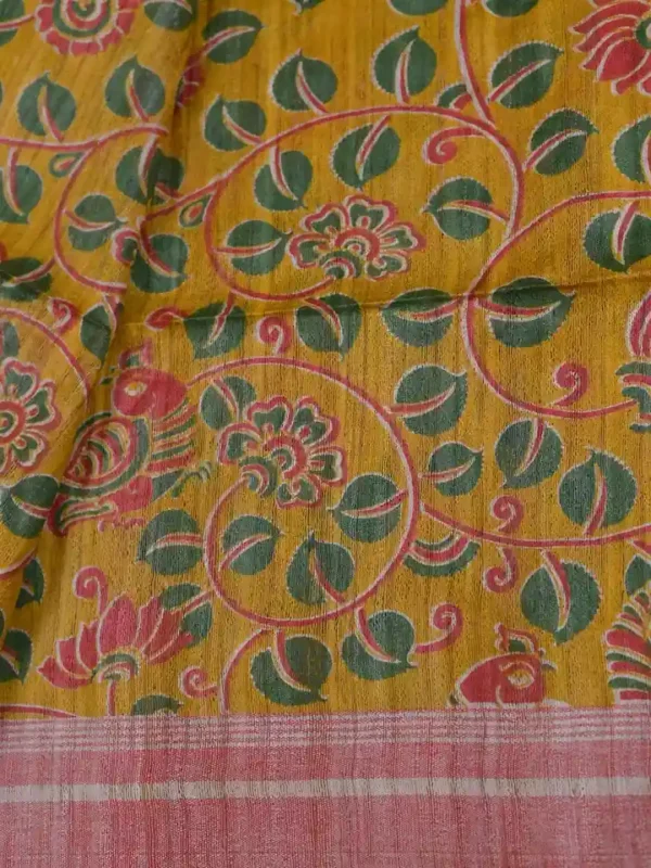 Yellow with Red Border Hand Block Printed on Gicha Tussar Silk Saree