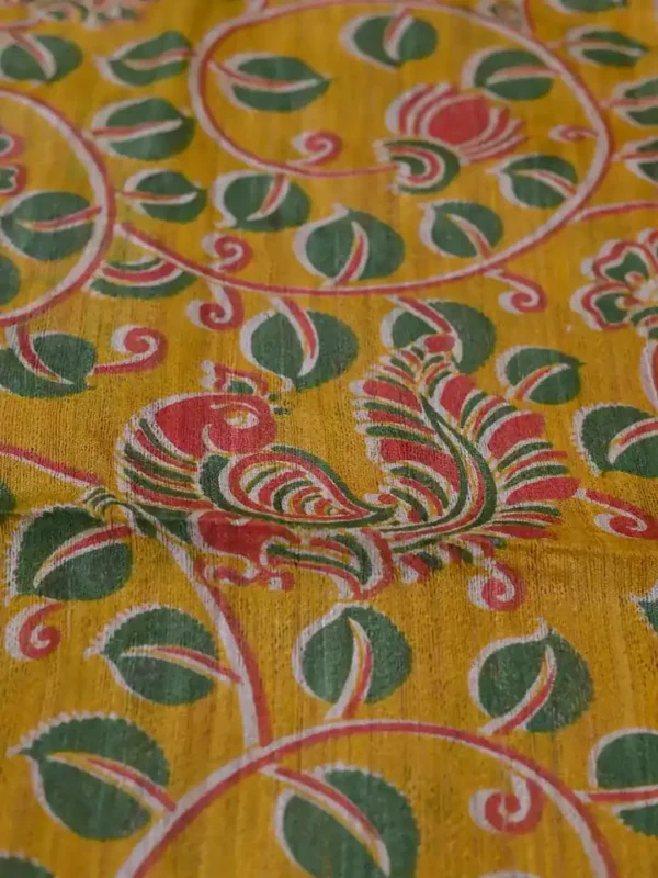 Yellow with Red Border Hand Block Printed on Gicha Tussar Silk Saree