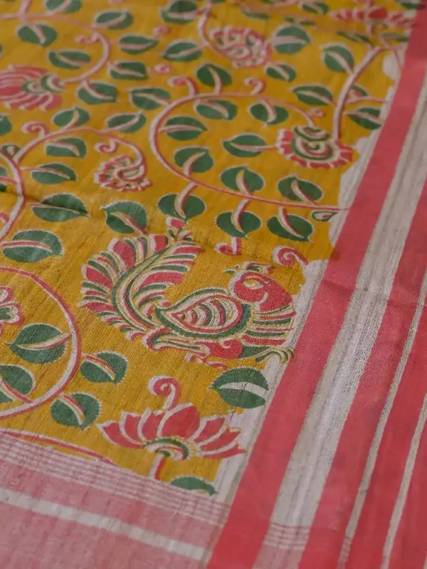 Yellow with Red Border Hand Block Printed on Gicha Tussar Silk Saree