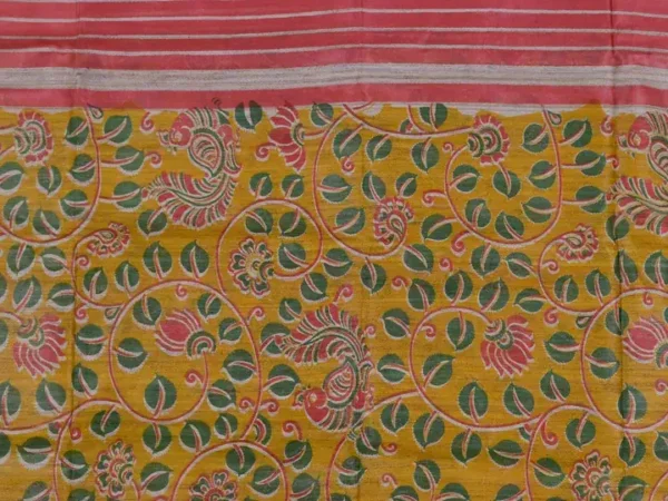 Yellow with Red Border Hand Block Printed on Gicha Tussar Silk Saree