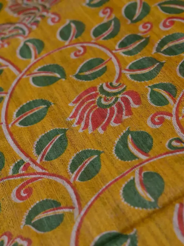 Yellow with Red Border Hand Block Printed on Gicha Tussar Silk Saree