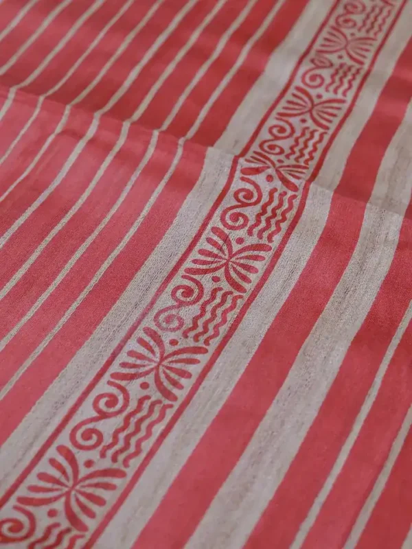 Yellow with Red Border Hand Block Printed on Gicha Tussar Silk Saree