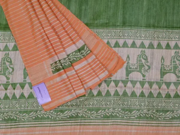 Green with Orange Border Hand Block Printed on Gicha Tussar Silk Saree