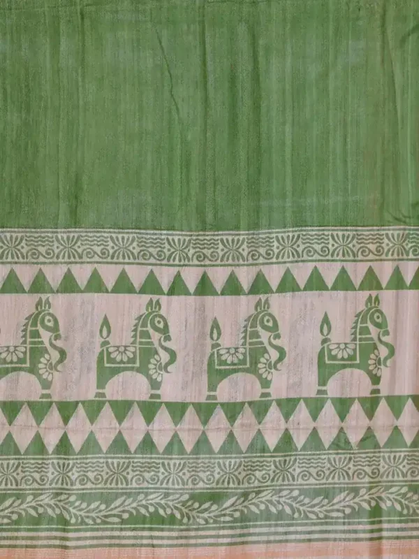 Green with Orange Border Hand Block Printed on Gicha Tussar Silk Saree