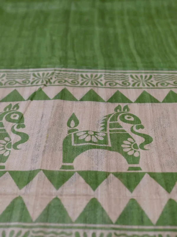 Green with Orange Border Hand Block Printed on Gicha Tussar Silk Saree