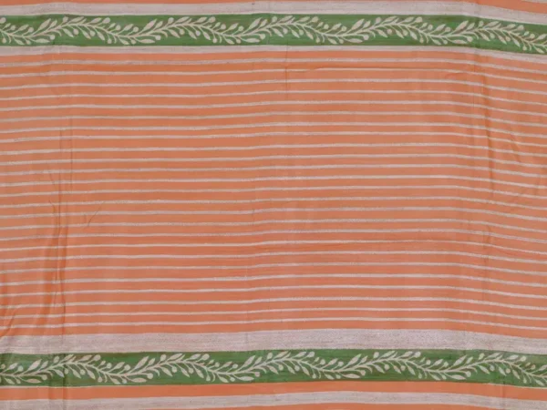 Green with Orange Border Hand Block Printed on Gicha Tussar Silk Saree