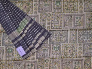 Beige with Grey Border Madhubani Hand Block Printed on Gicha Tussar Silk Saree