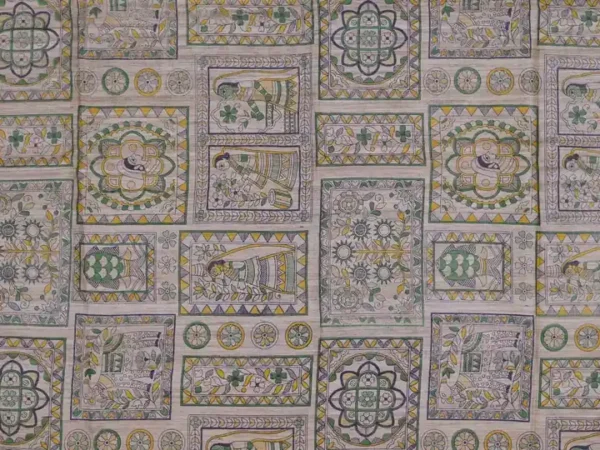 Beige with Grey Border Madhubani Hand Block Printed on Gicha Tussar Silk Saree