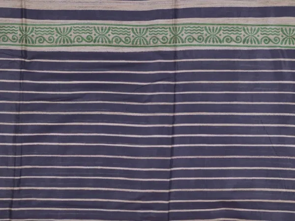 Beige with Grey Border Madhubani Hand Block Printed on Gicha Tussar Silk Saree