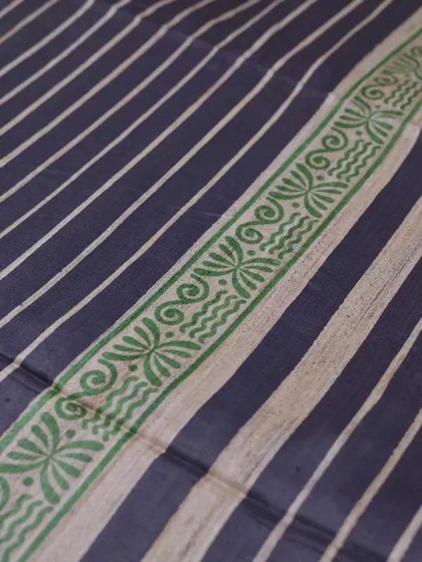 Beige with Grey Border Madhubani Hand Block Printed on Gicha Tussar Silk Saree