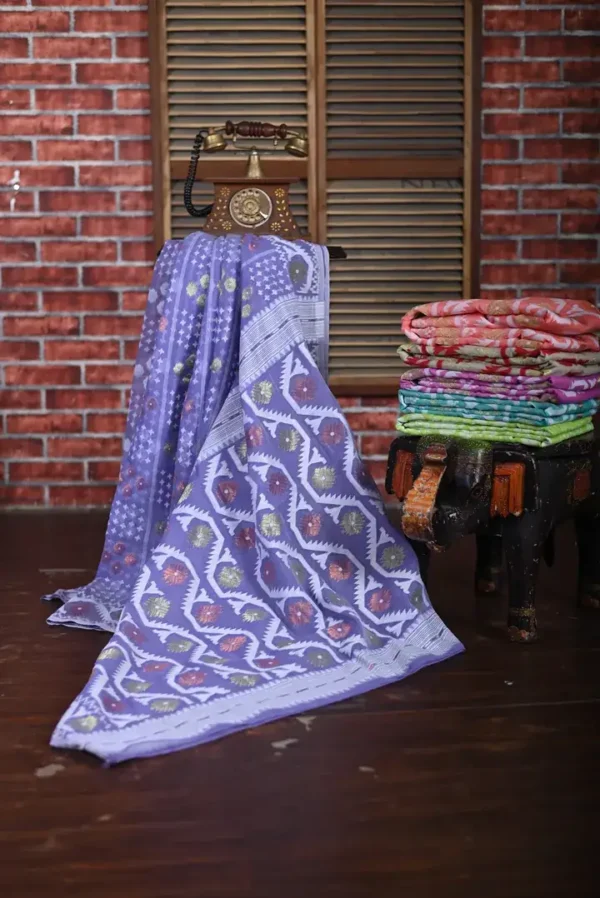 Lavender Dhakai Jamdani Cotton Silk Saree with woven design