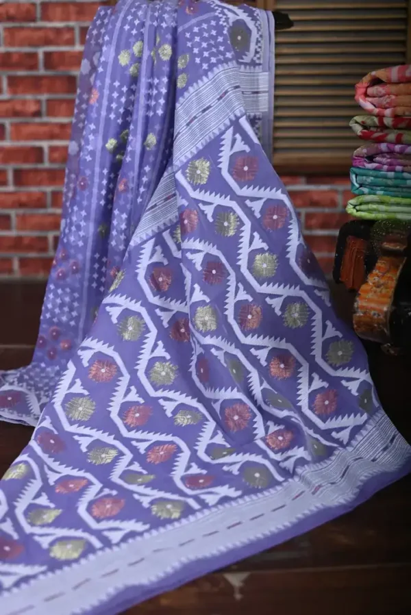 Lavender Dhakai Jamdani Cotton Silk Saree with woven design