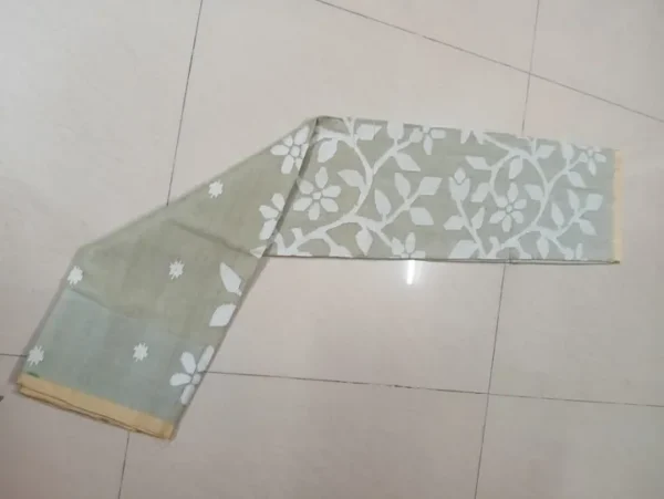 Pesta Green on White Floral work on Cotton Jamdani Saree
