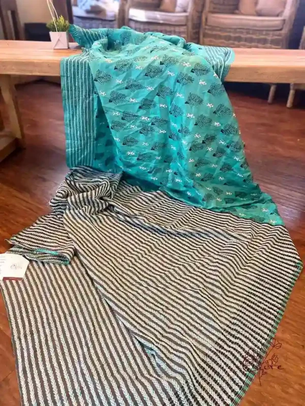 Cyan Katan Silk Kantha Saree