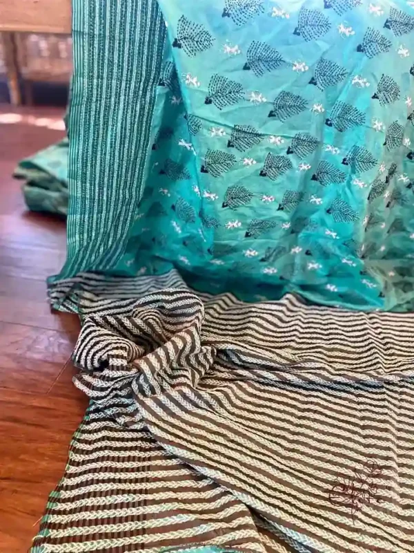 Cyan Katan Silk Kantha Saree