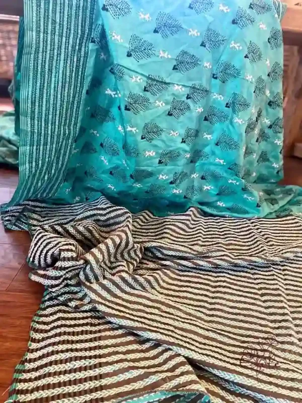 Cyan Katan Silk Kantha Saree