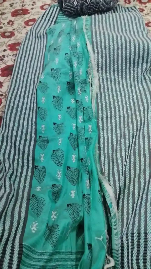 Cyan Katan Silk Kantha Saree