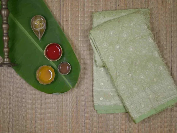 Pesta Green on Golden Tanchuee work on Katan silk saree