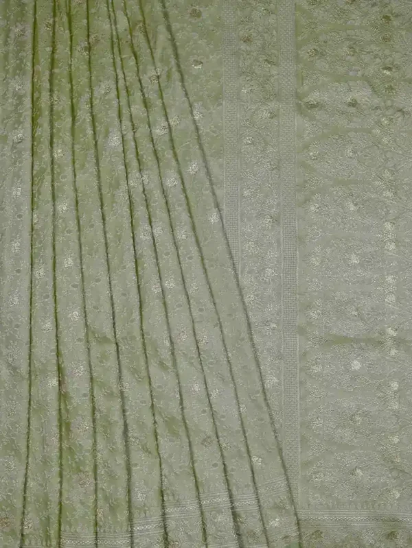 Pesta Green on Golden Tanchuee work on Katan silk saree