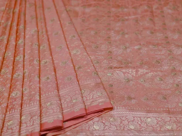 Light Orange on Golden Tanchuee work on Katan silk saree