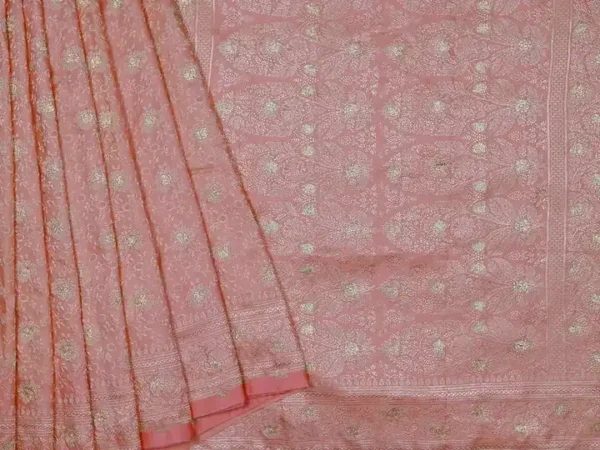 Light Orange on Golden Tanchuee work on Katan silk saree