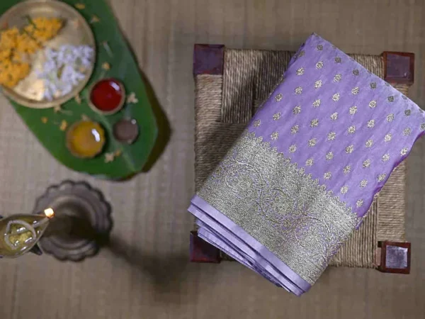 Lavender on Golden Zari Border and Butta work Benarasi Katan silk saree