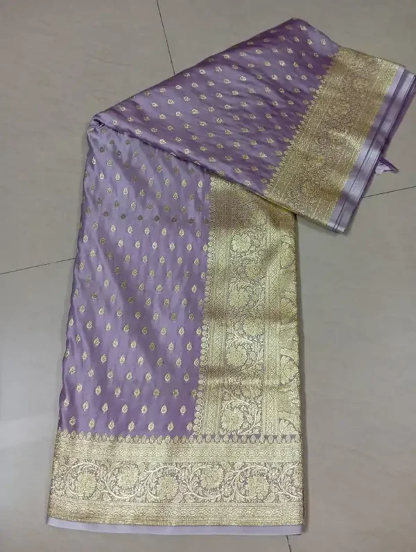 Lavender on Golden Zari Border and Butta work Benarasi Katan silk saree
