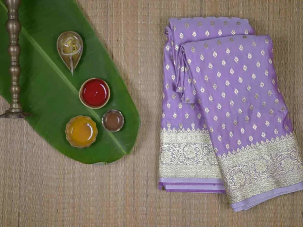 Lavender on Golden Zari Border and Butta work Benarasi Katan silk saree