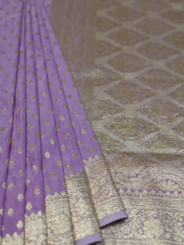 Lavender on Golden Zari Border and Butta work Benarasi Katan silk saree