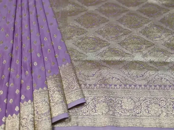 Lavender on Golden Zari Border and Butta work Benarasi Katan silk saree