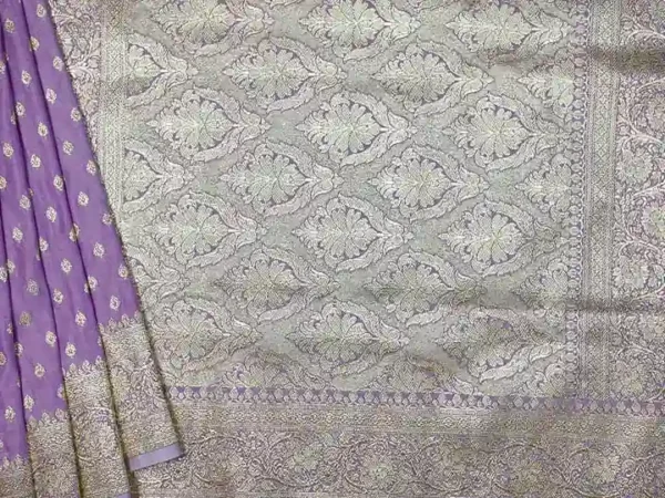 Lavender on Golden Zari Border and Butta work Benarasi Katan silk saree