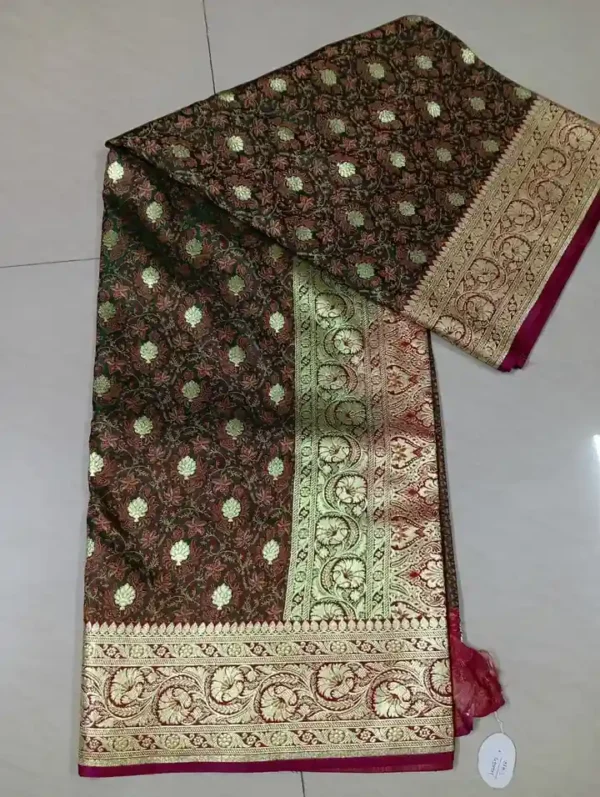 Green Dual Tone on Golden Zari Butta n Jangla pattern Benarasi Katan silk saree