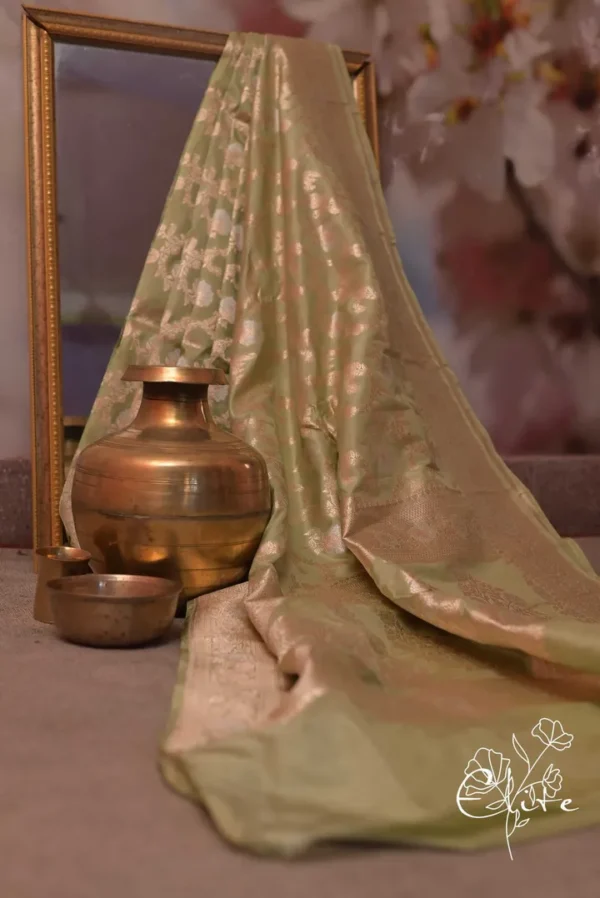 Pure katan Silk Handwoven Mina Benarasi golden jall Olive Saree