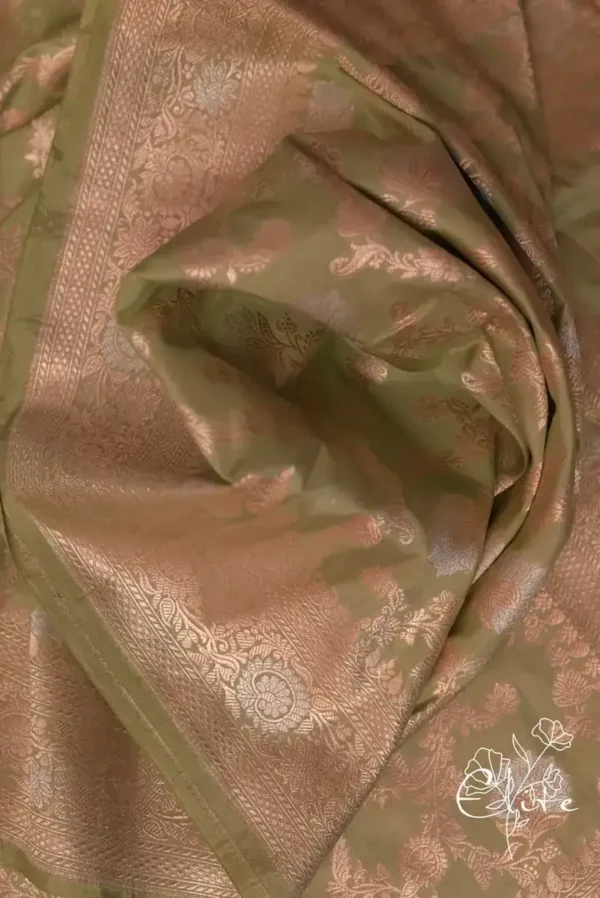 Pure katan Silk Handwoven Mina Benarasi golden jall Olive Saree
