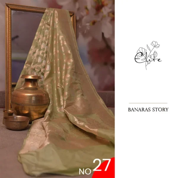 Pure katan Silk Handwoven Mina Benarasi golden jall Olive Saree