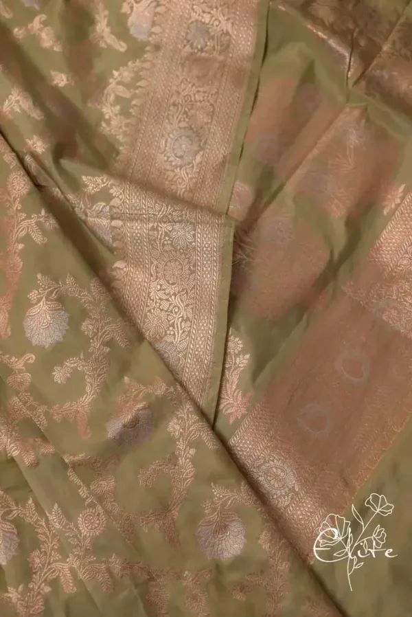 Pure katan Silk Handwoven Mina Benarasi golden jall Olive Saree