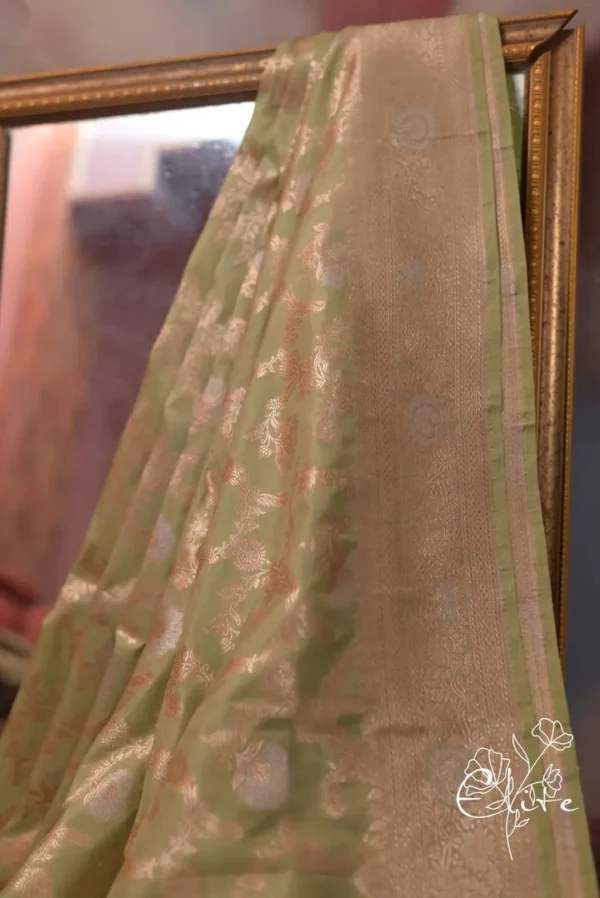 Pure katan Silk Handwoven Mina Benarasi golden jall Olive Saree
